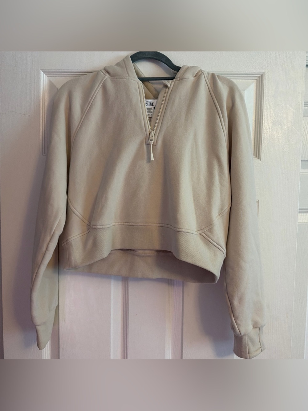 Athleta Girl 1/4 Zip Hoodie Crop Sweatshirt Beige/ Off White Girls XXL 16